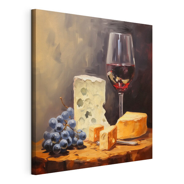 Un bicchiere di vino e del formaggio su un tavolo Quadri Un bicchiere di vino e del formaggio su un tavolo