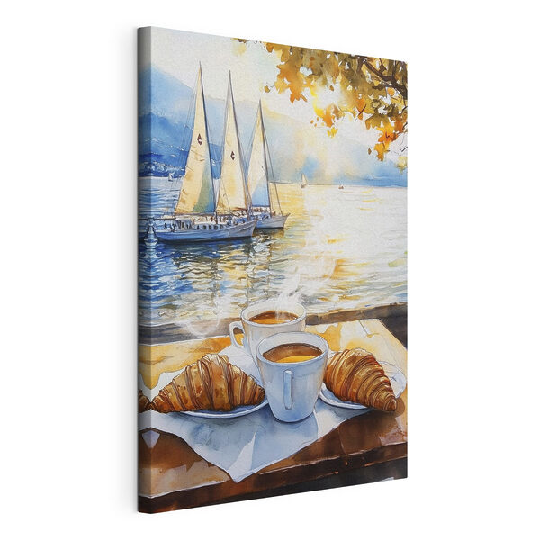 Acquerello raffigurante un tavolo con caffè e croissant Quadri Acquerello raffigurante un tavolo con caffè e croissant