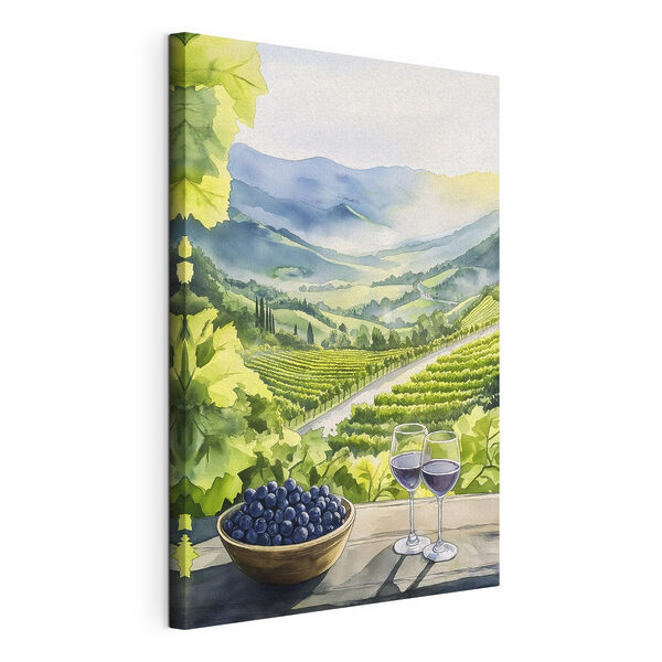 Quadri Dipinto raffigurante bicchieri da vino e grappoli d'uva su un tavolo davanti a un vigneto (COD: s42444) Quadri Quadri Dipinto raffigurante bicchieri da vino e grappoli d'uva su un tavolo davanti a un vigneto (COD: s42444)