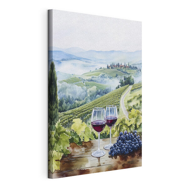 Quadri Acquerello raffigurante bicchieri da vino su un tavolo con uva e colline sullo sfondo (COD: s42445) Quadri Quadri Acquerello raffigurante bicchieri da vino su un tavolo con uva e colline sullo sfondo (COD: s42445)