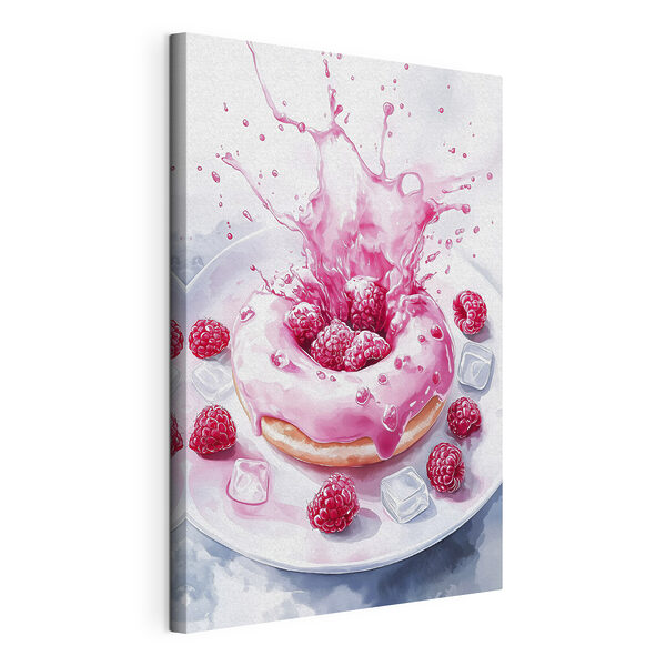 Quadri Ciambella con glassa rosa e lamponi sparsi su un piatto bianco