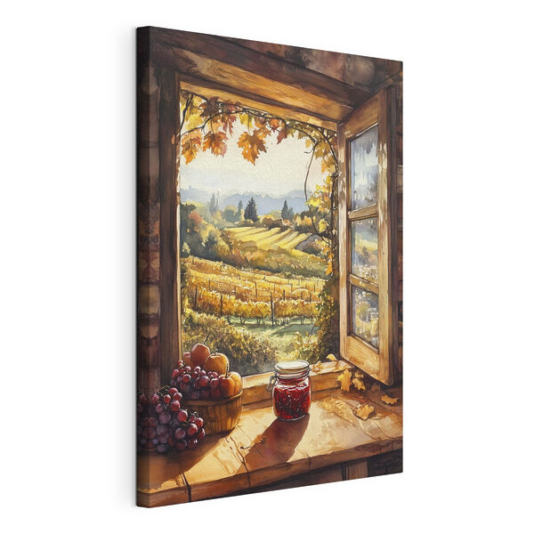 Finestra con vista su un vigneto e un barattolo di marmellata Quadri Finestra con vista su un vigneto e un barattolo di marmellata