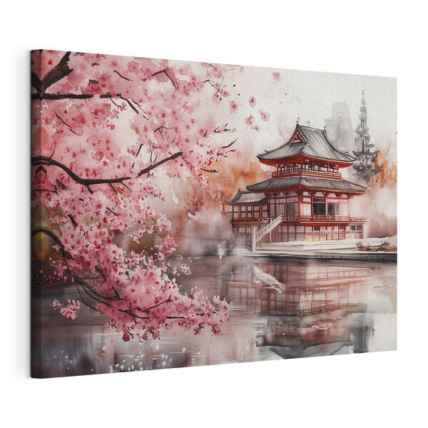 Quadri Watercolor painting of a building and a cherry blossom tree (COD: s44310)