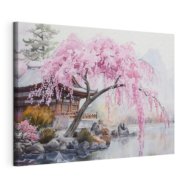 Quadri Acquerello raffigurante un albero con fiori rosa