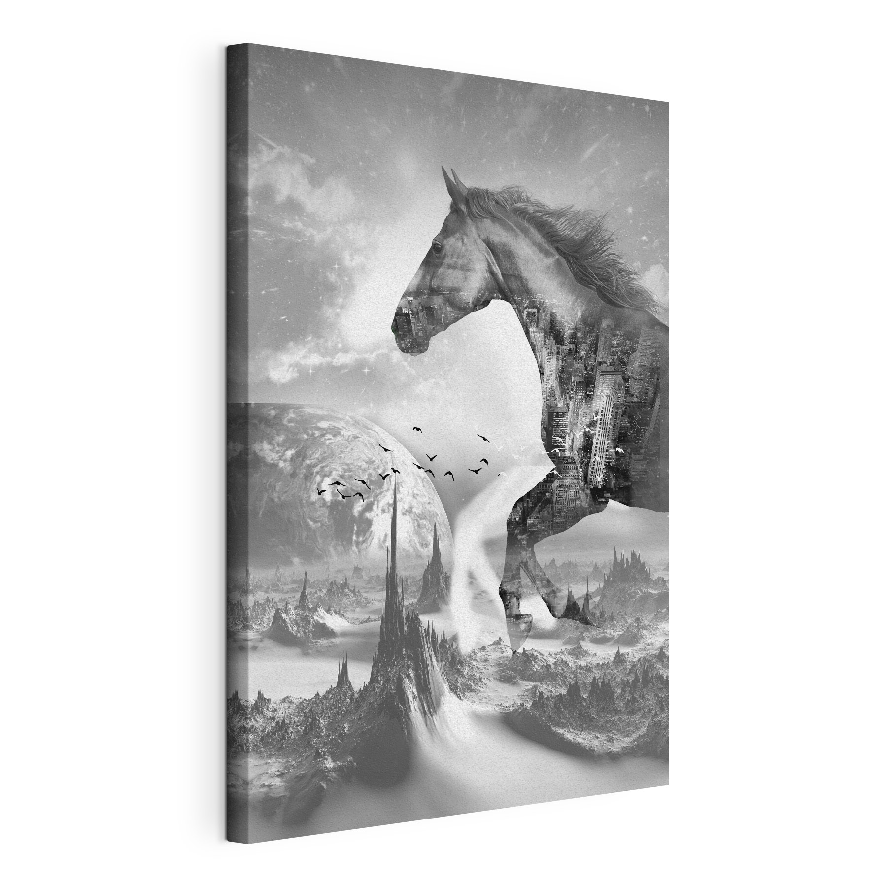 A horse running in a city