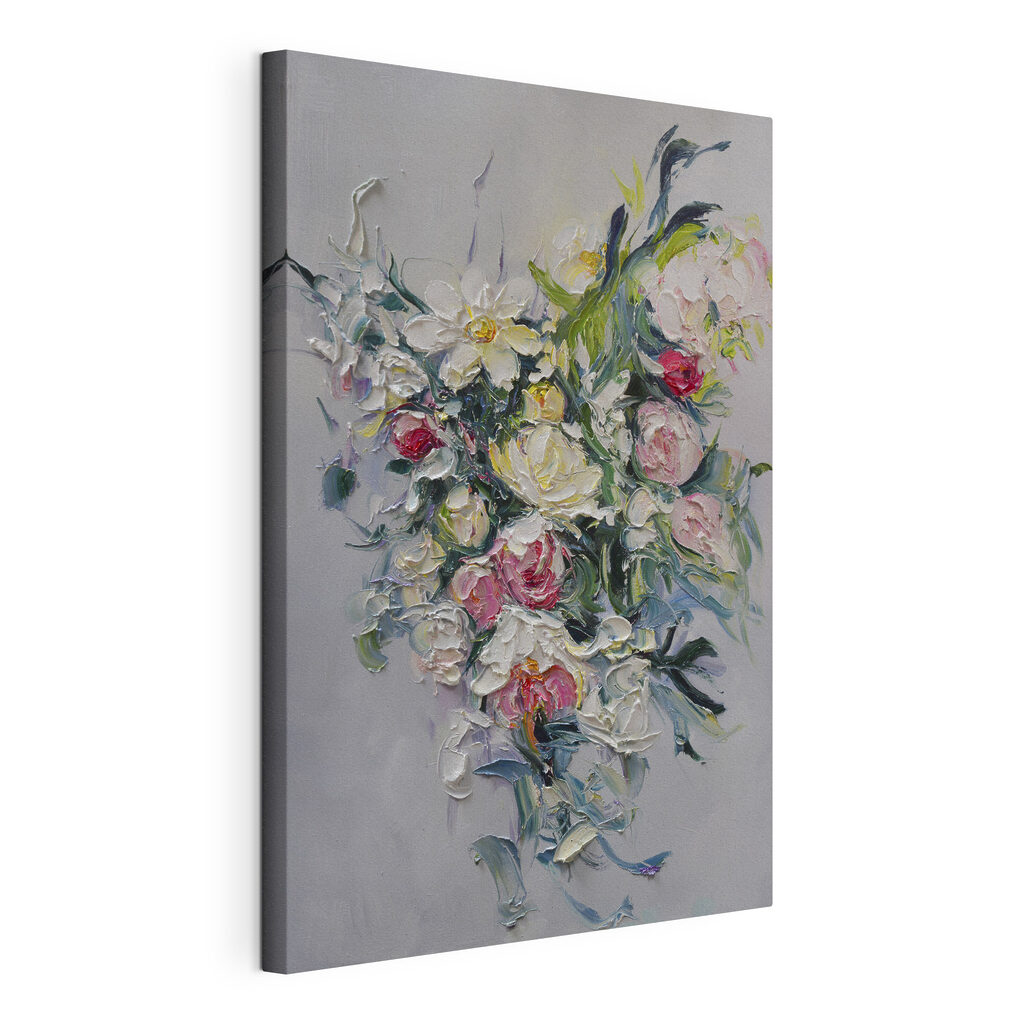 A painting of flowers on a white surface A painting of flowers on a white surface