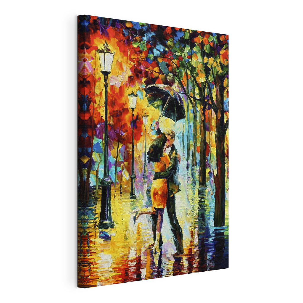 A painting of a couple kissing under an umbrella A painting of a couple kissing under an umbrella