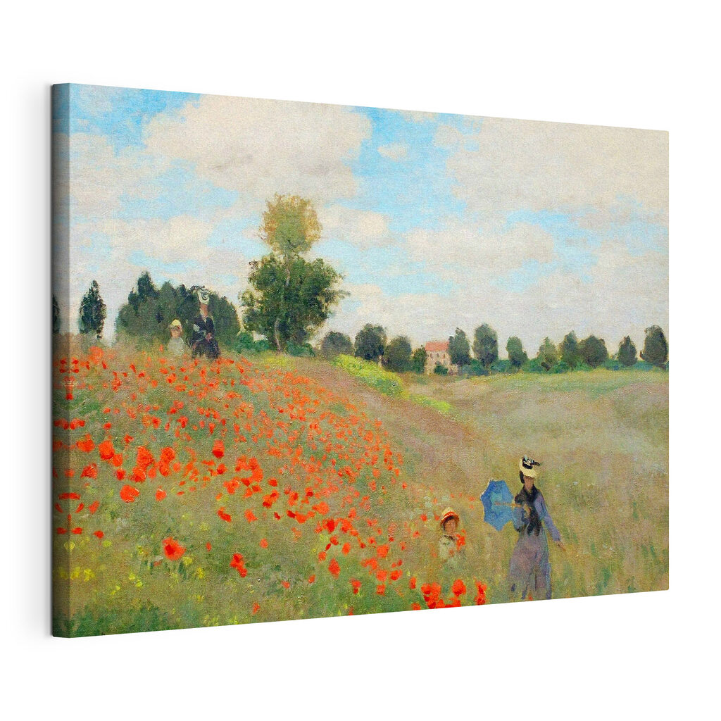 Painting of people walking in a field of flowers