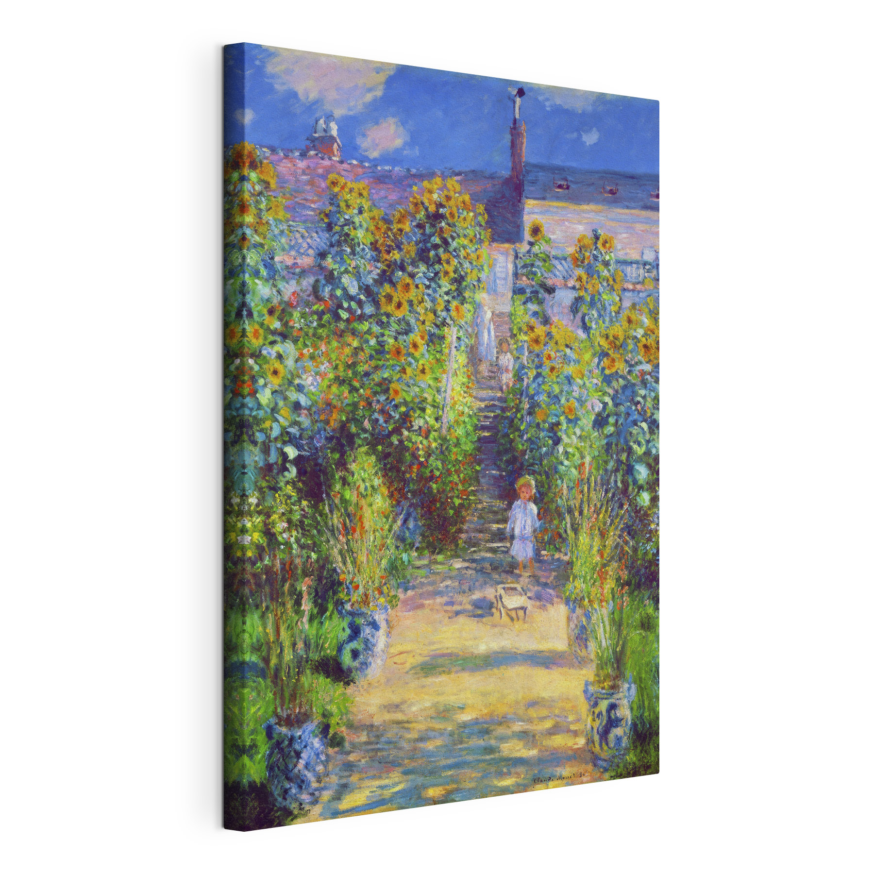 A painting of a child walking in a garden A painting of a child walking in a garden