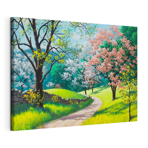 Quadri Quadri Una strada sterrata che attraversa un prato con alberi e un muro di pietra (COD: s15350)