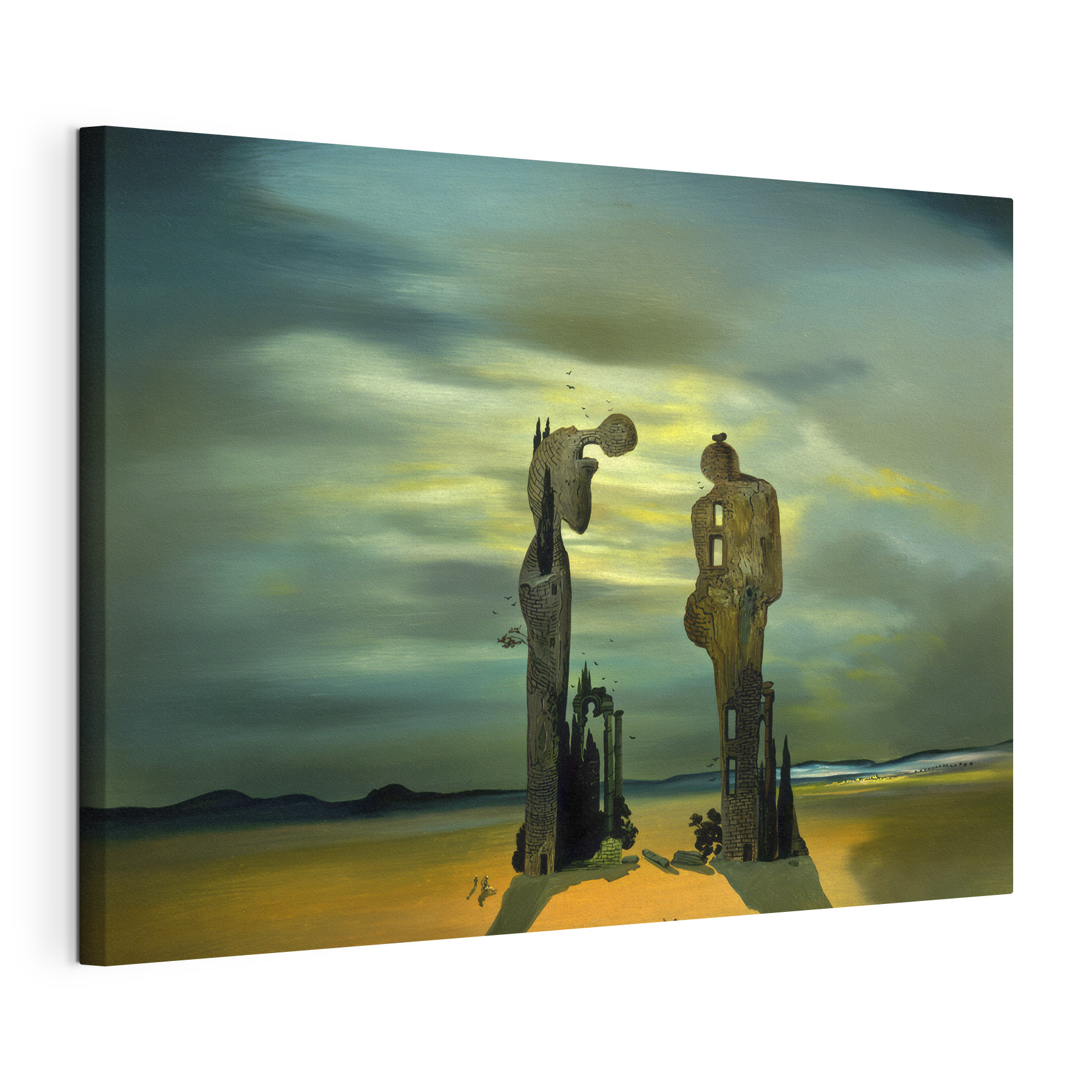 A painting of a couple of towers A painting of a couple of towers