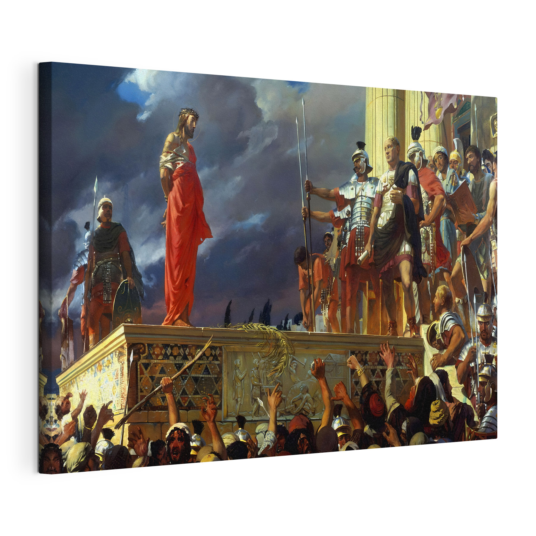 Painting of a man in a red robe standing on a platform with a crowd of people Painting of a man in a red robe standing on a platform with a crowd of people