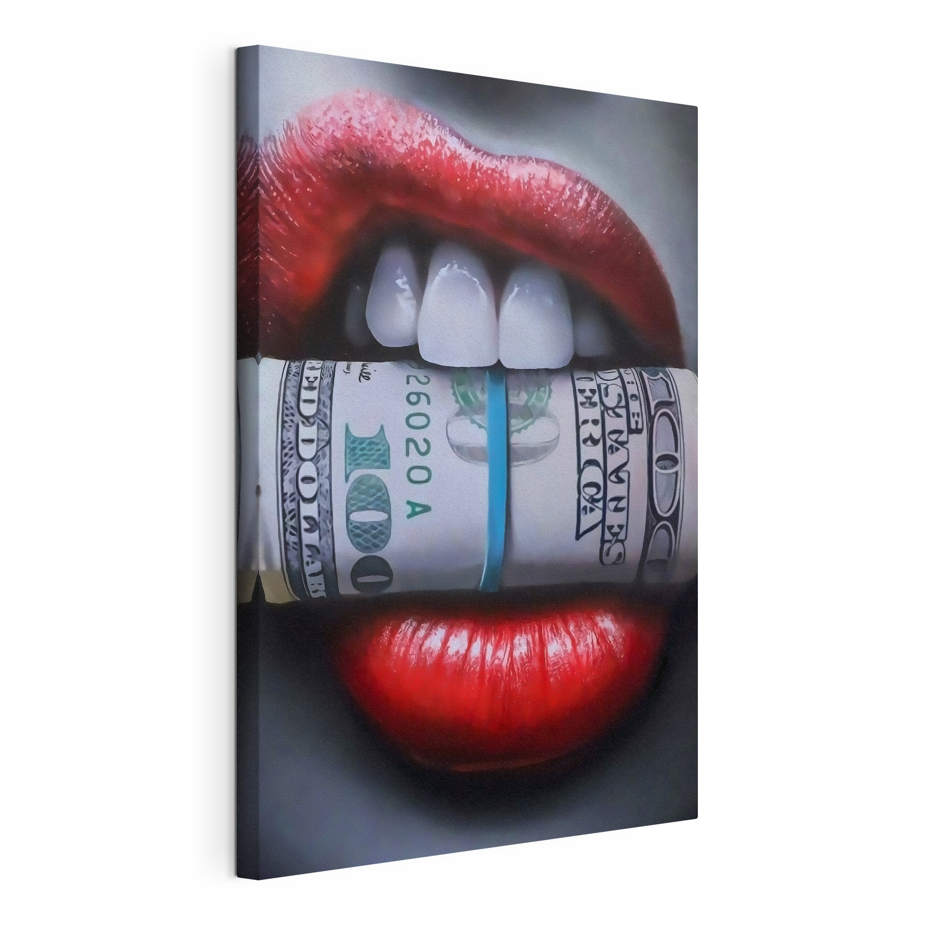 Bold lips holding cash tightly