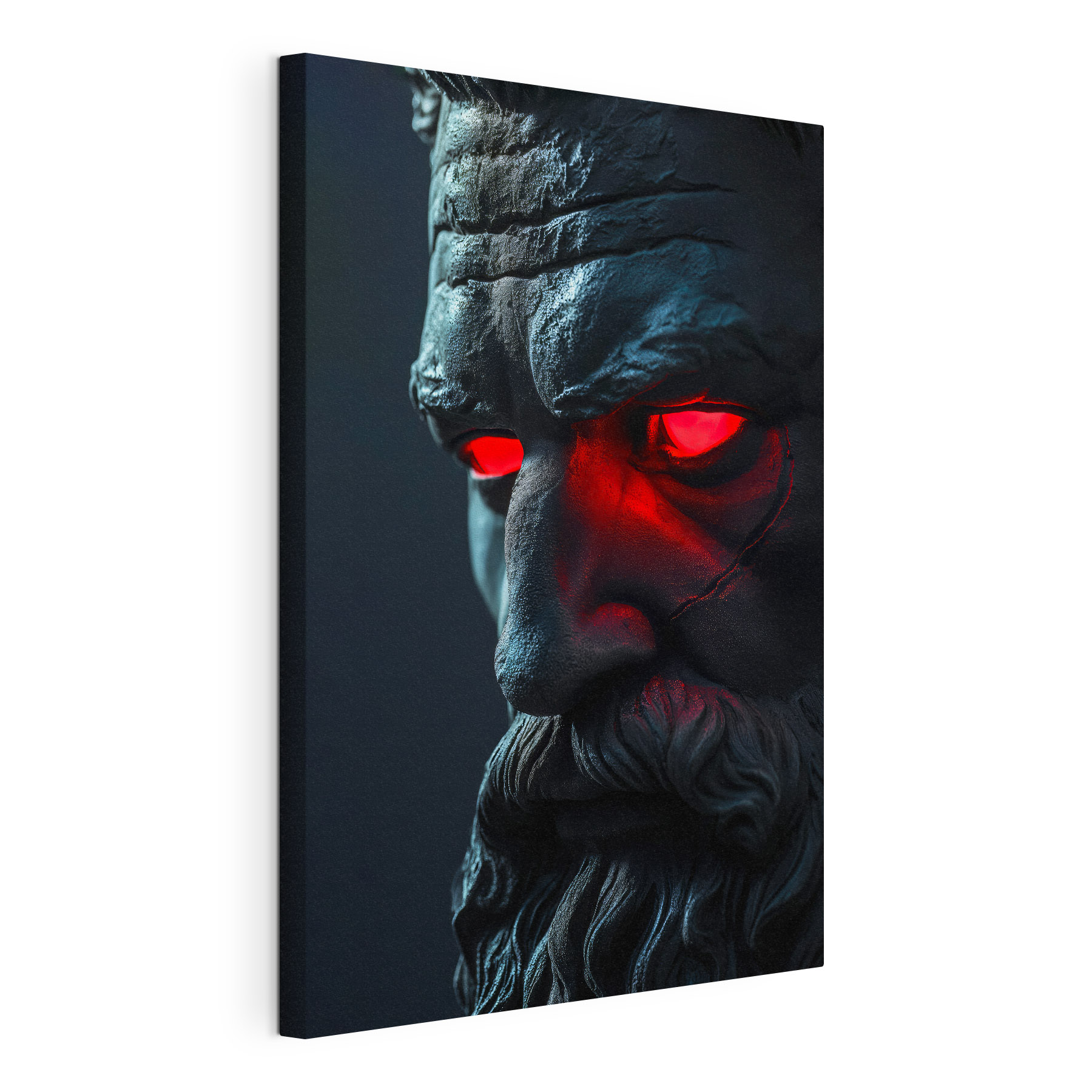 A statue of a man with red eyes