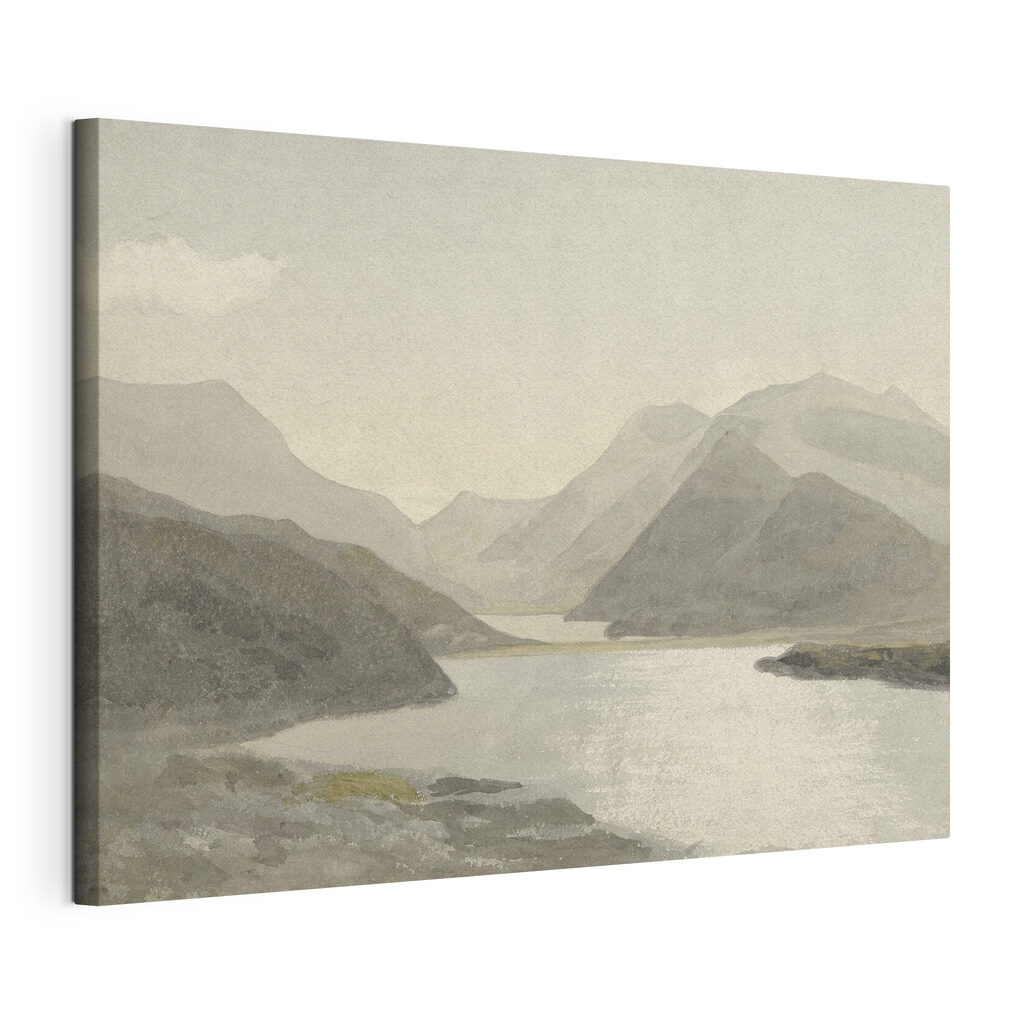 A watercolor of a lake and mountains