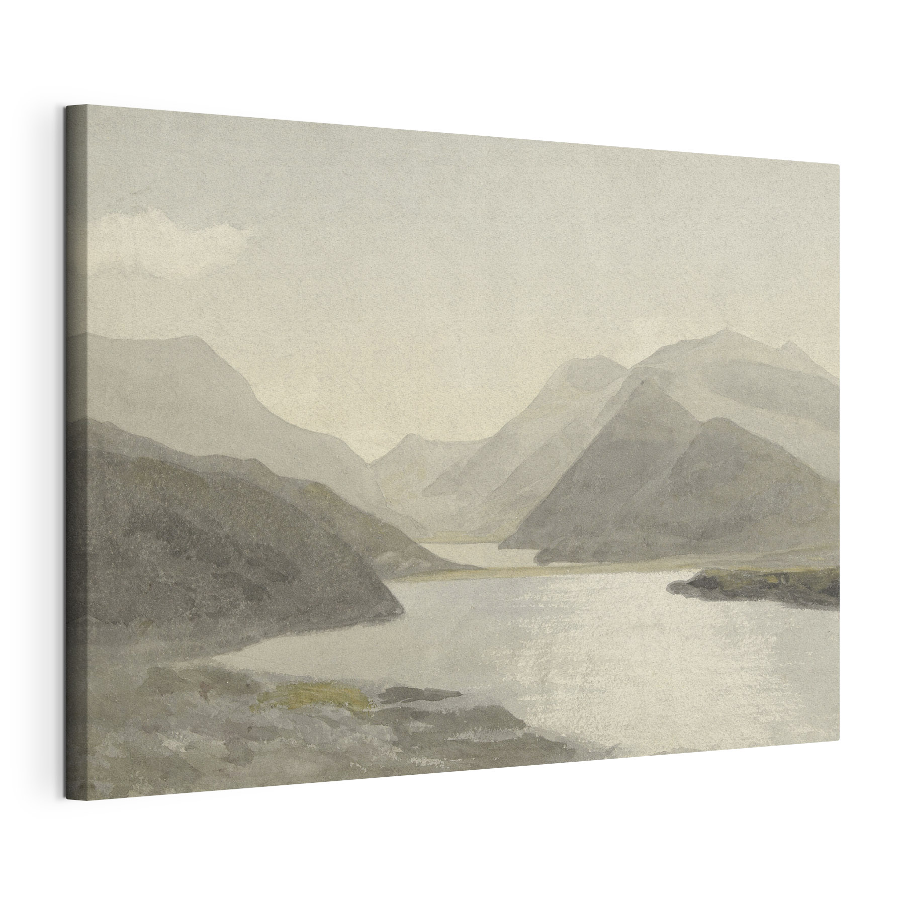 A watercolor of a lake and mountains