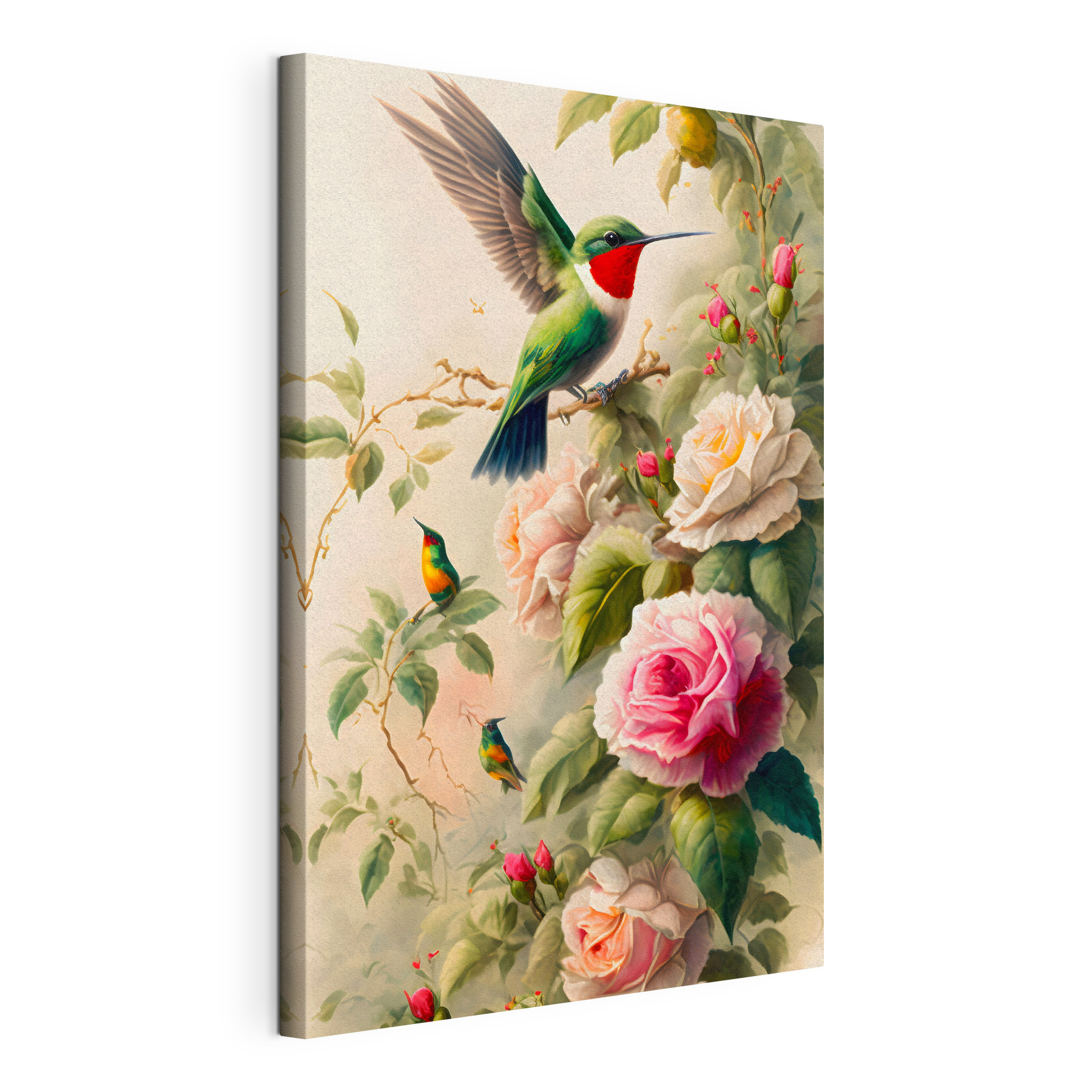 A painting of birds on a branch with flowers A painting of birds on a branch with flowers