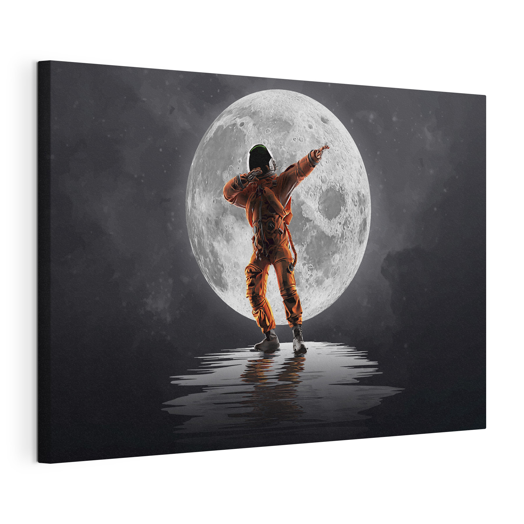 Man in an orange suit standing in front of a full moon Man in an orange suit standing in front of a full moon