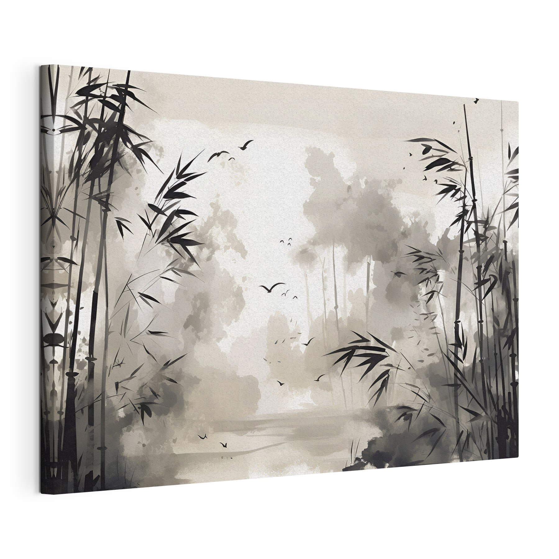 A black and white painting of trees and birds