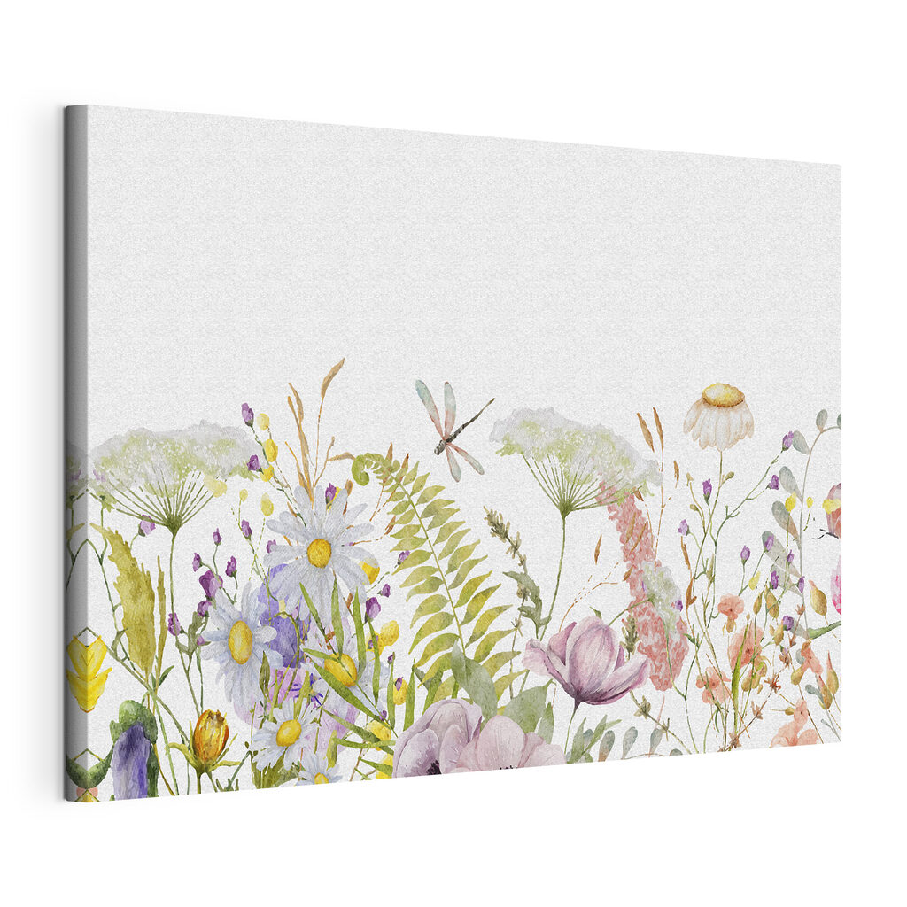 A watercolor of flowers and dragonflies A watercolor of flowers and dragonflies