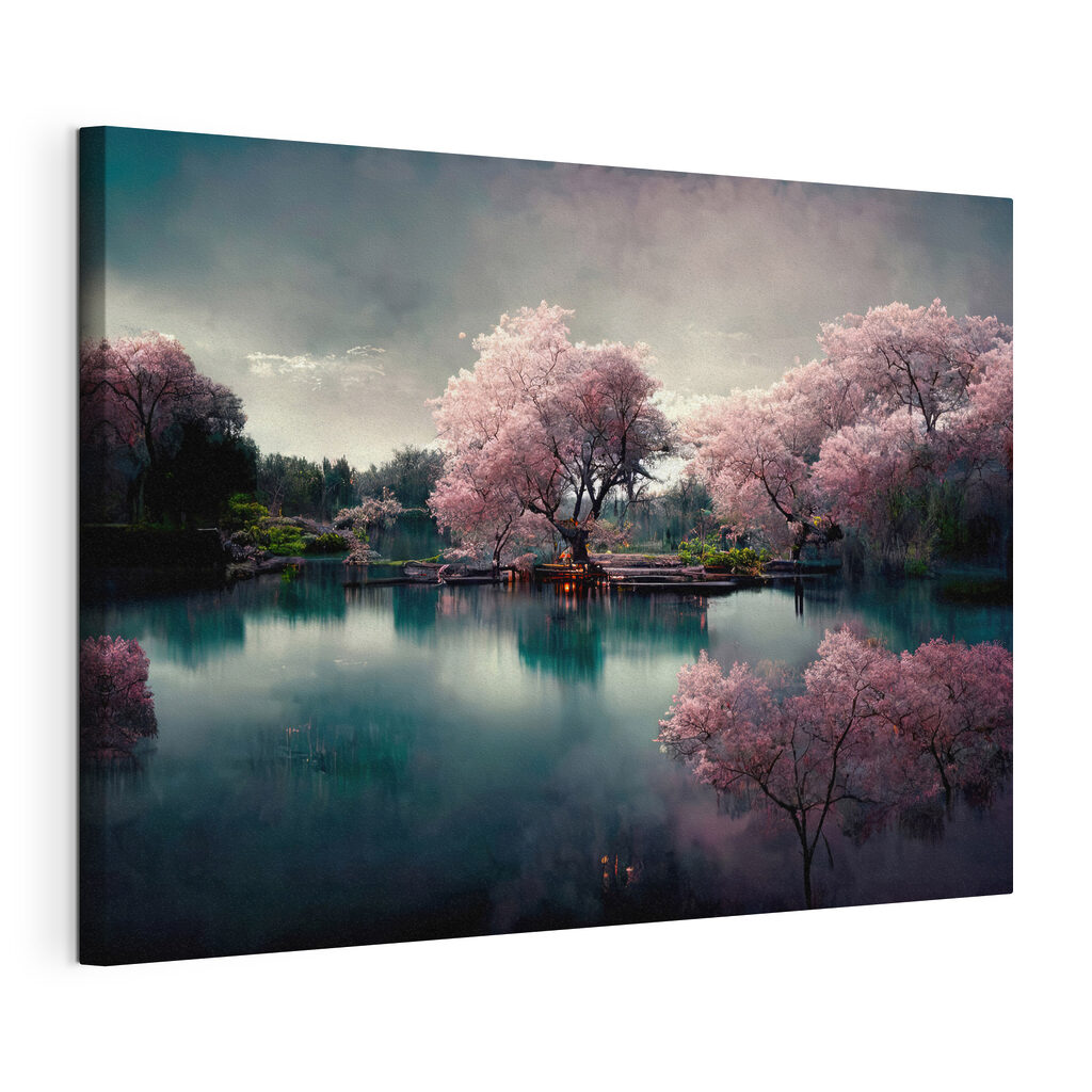 A group of trees with pink flowers on a lake A group of trees with pink flowers on a lake