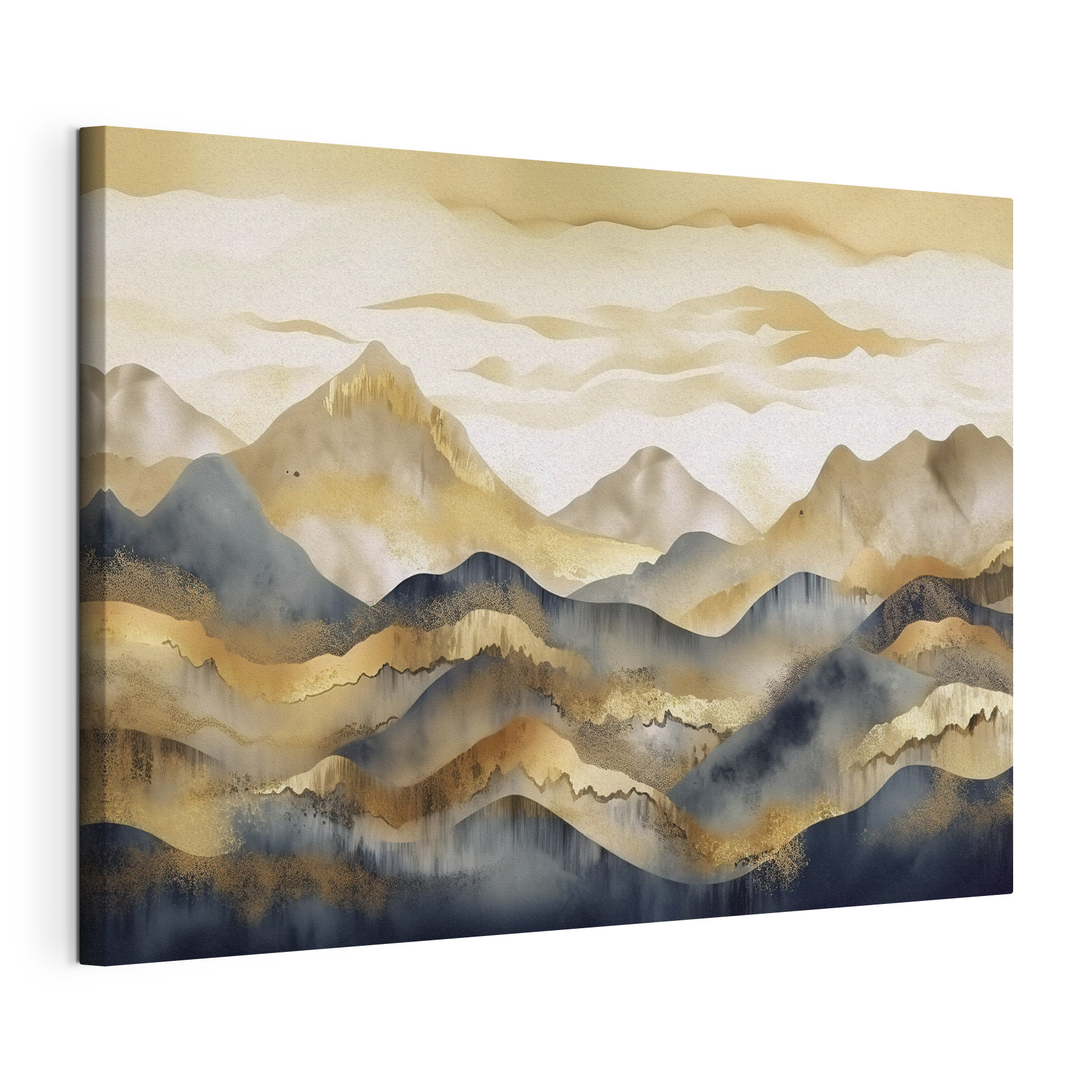 A painting of mountains and fog