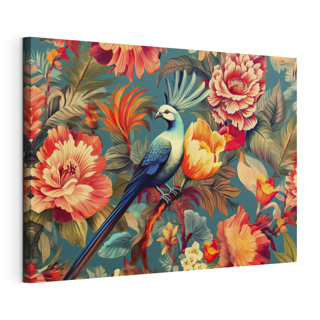 A bird on a branch surrounded by flowers A bird on a branch surrounded by flowers