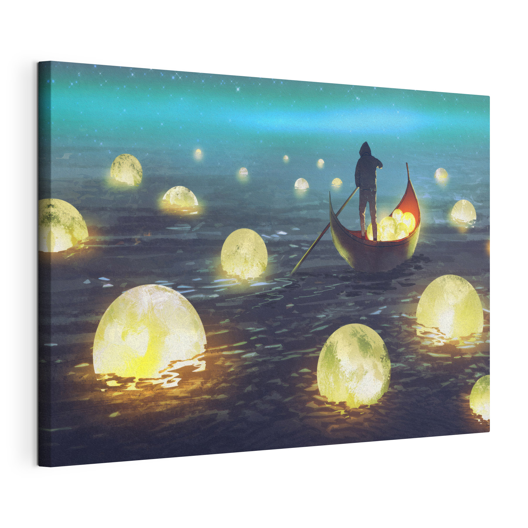 A person in a boat with glowing balls floating in the water