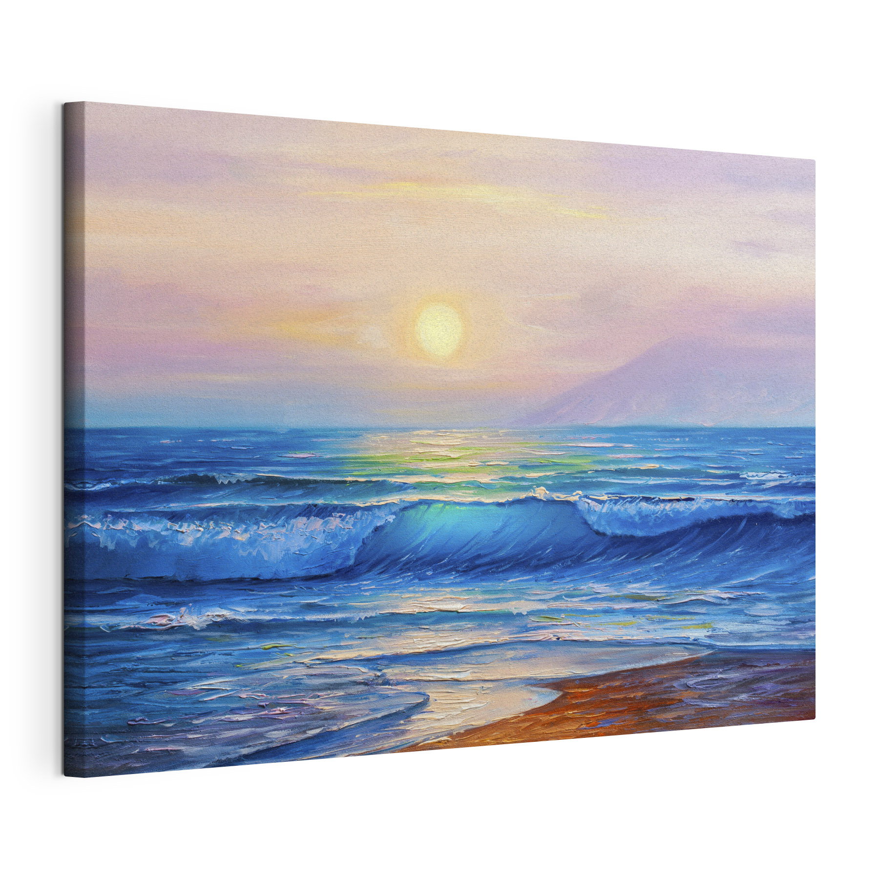 A painting of a beach with waves and a sunset