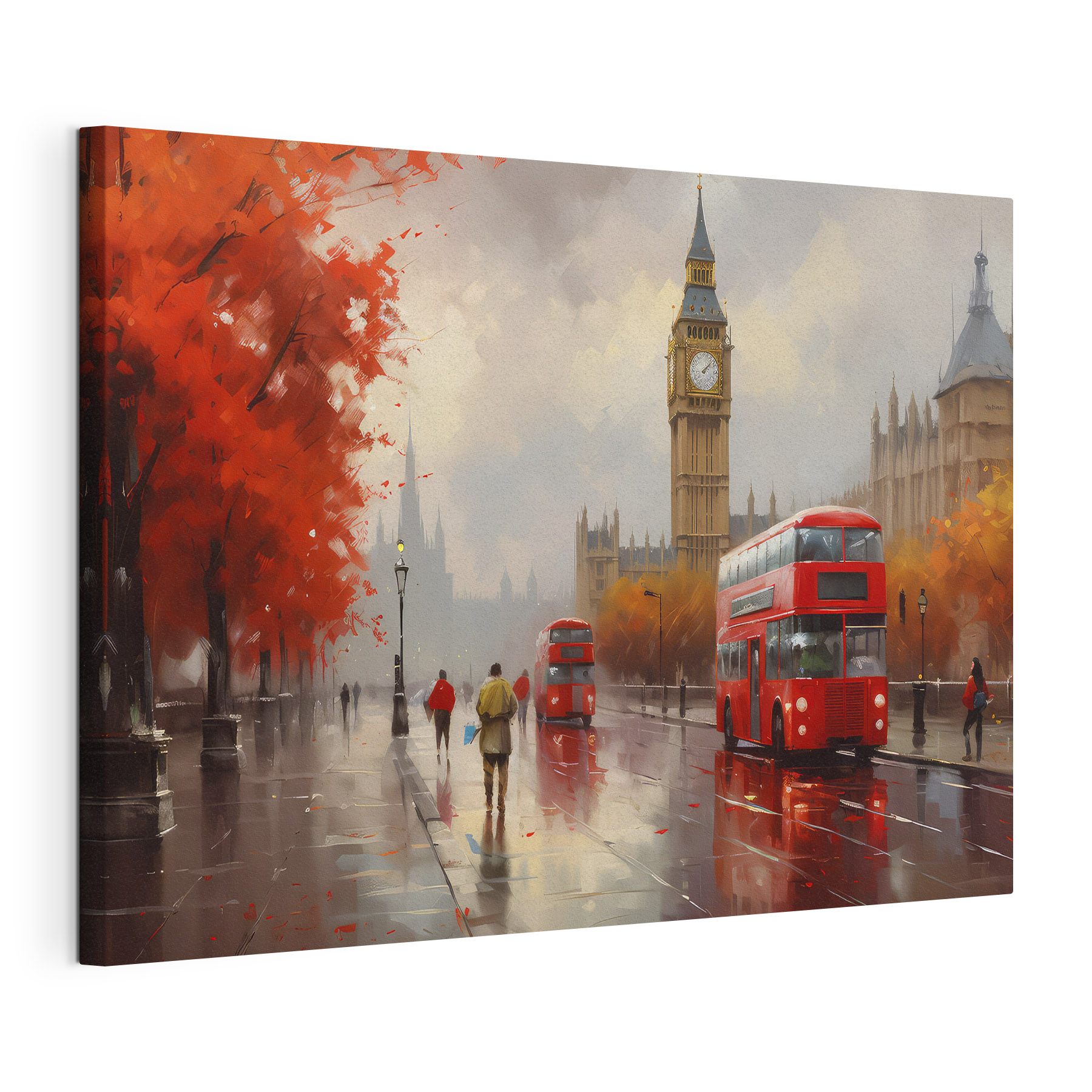 A painting of a city street with a clock tower and double decker bus A painting of a city street with a clock tower and double decker bus