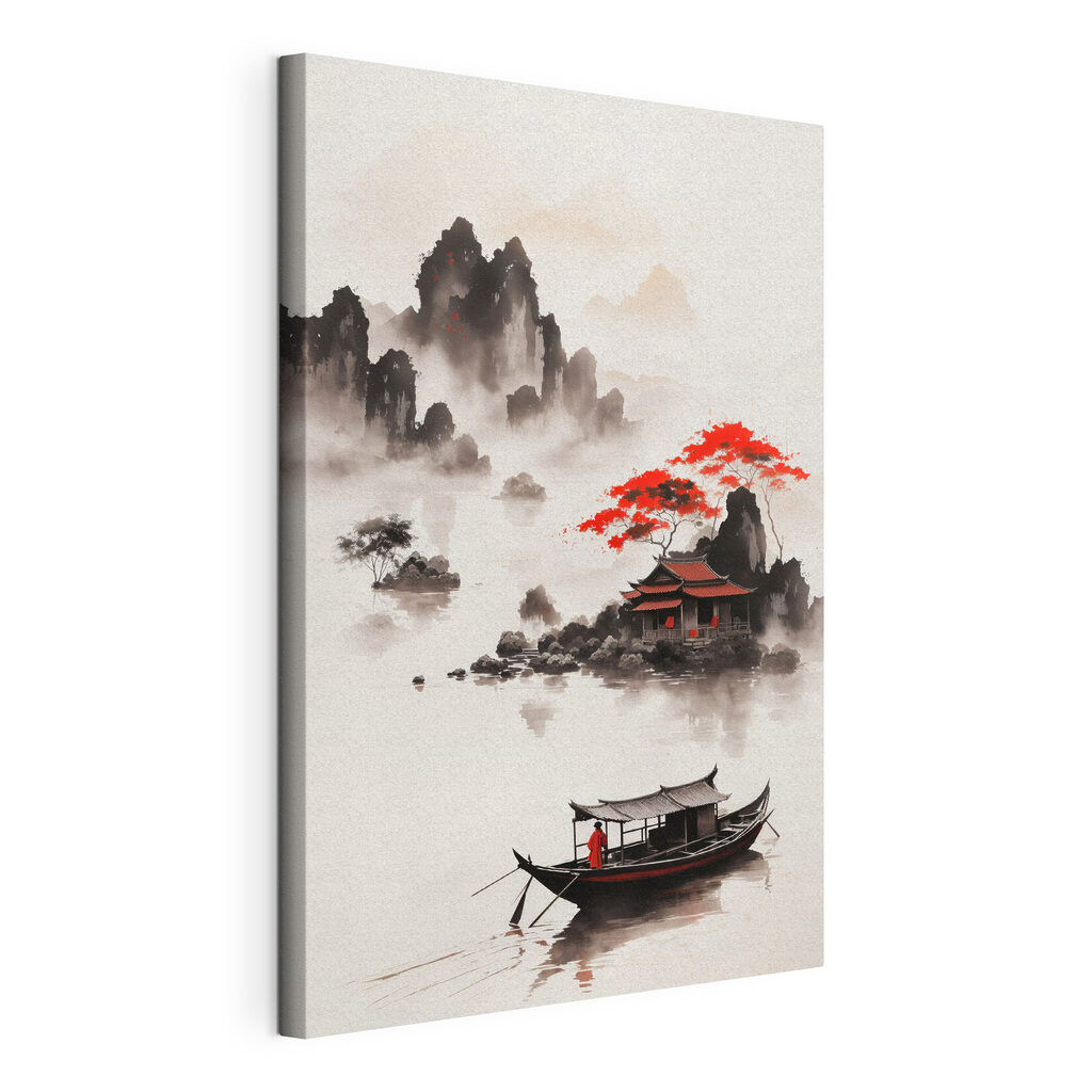 Painting of a house and a boat in the water Painting of a house and a boat in the water