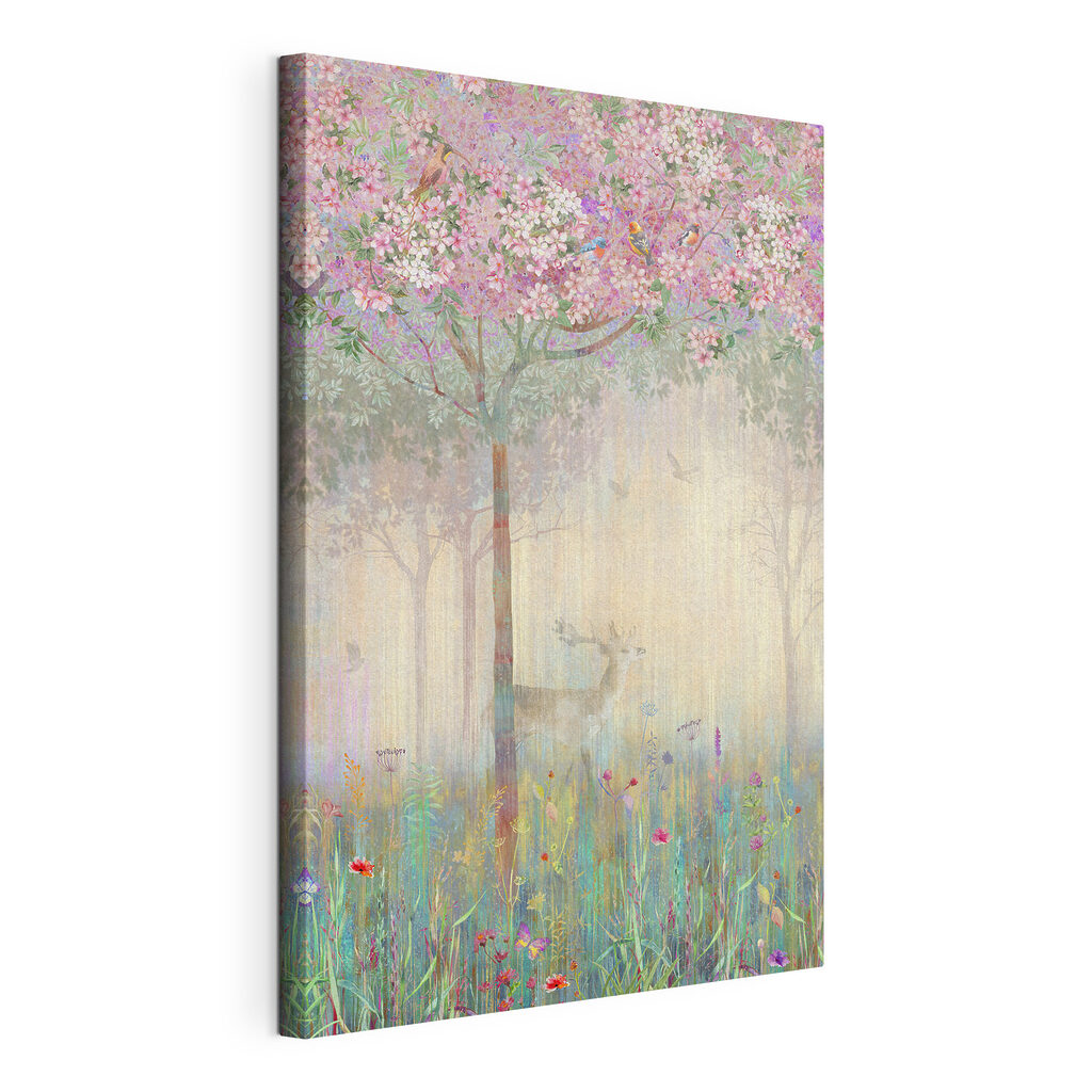 A painting of a deer in a field of flowers
