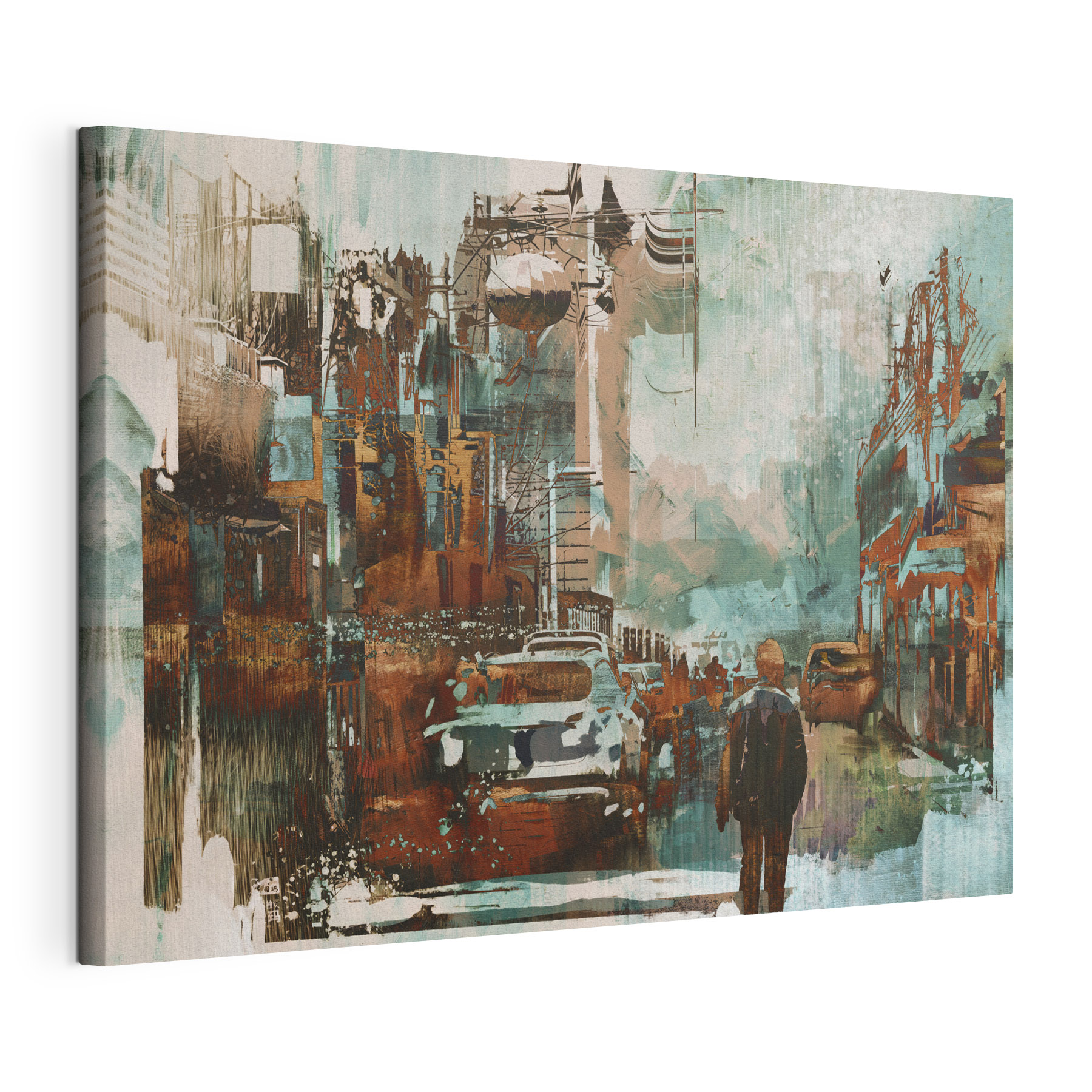 Man walking down a street with cars and buildings