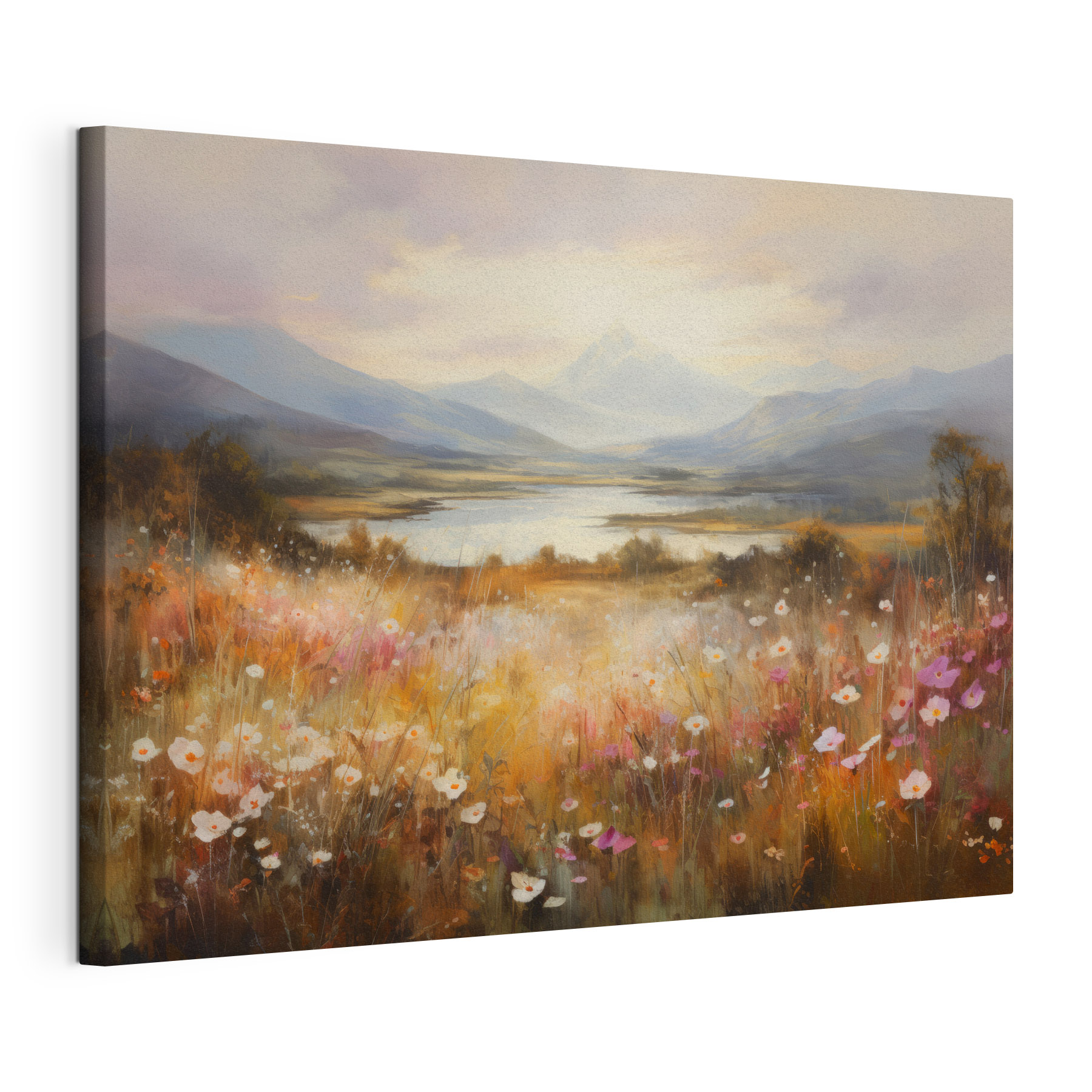 Painting of a field of flowers and a lake Painting of a field of flowers and a lake