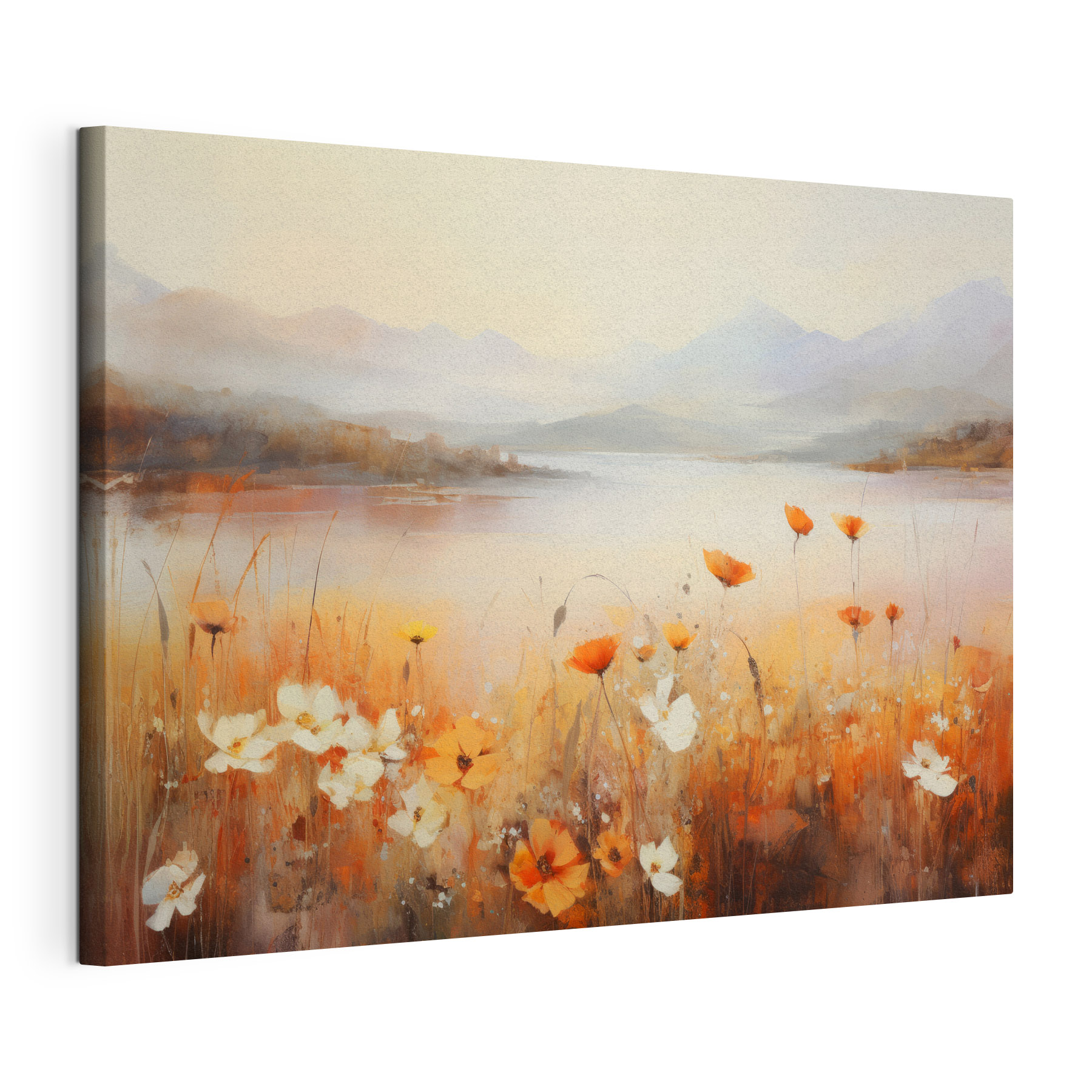 Painting of flowers by a lake Painting of flowers by a lake