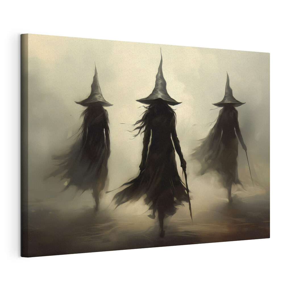 Group of women in black robes and hats walking in fog Group of women in black robes and hats walking in fog