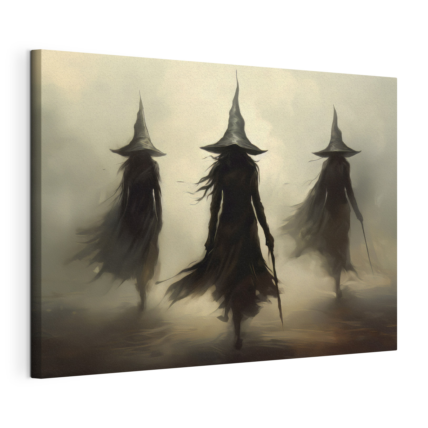 Group of women in black robes and hats walking in fog Group of women in black robes and hats walking in fog