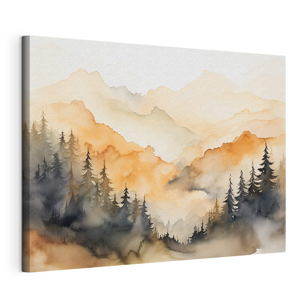 Watercolor painting of trees and mountains