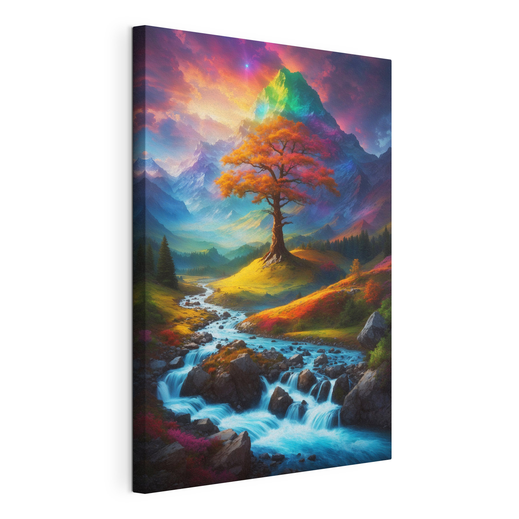 River running through a valley with a tree in the middle River running through a valley with a tree in the middle