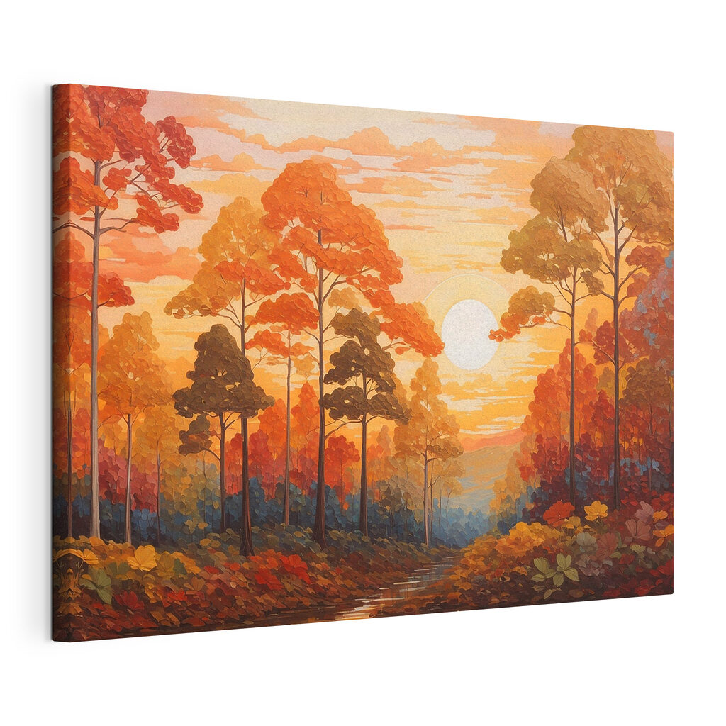 Painting of a forest with trees and a river Painting of a forest with trees and a river