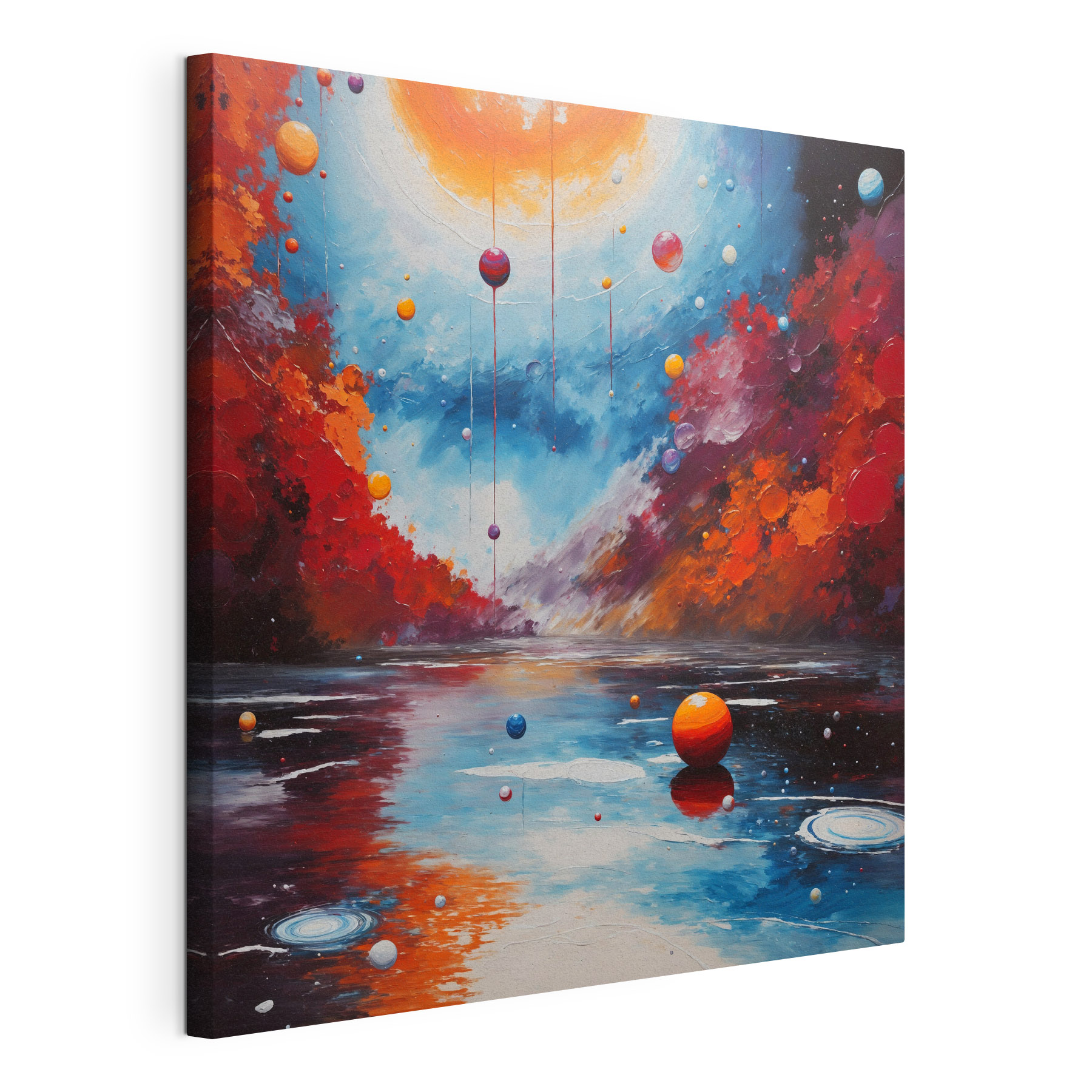 Painting of a lake with colorful balls and lights Painting of a lake with colorful balls and lights