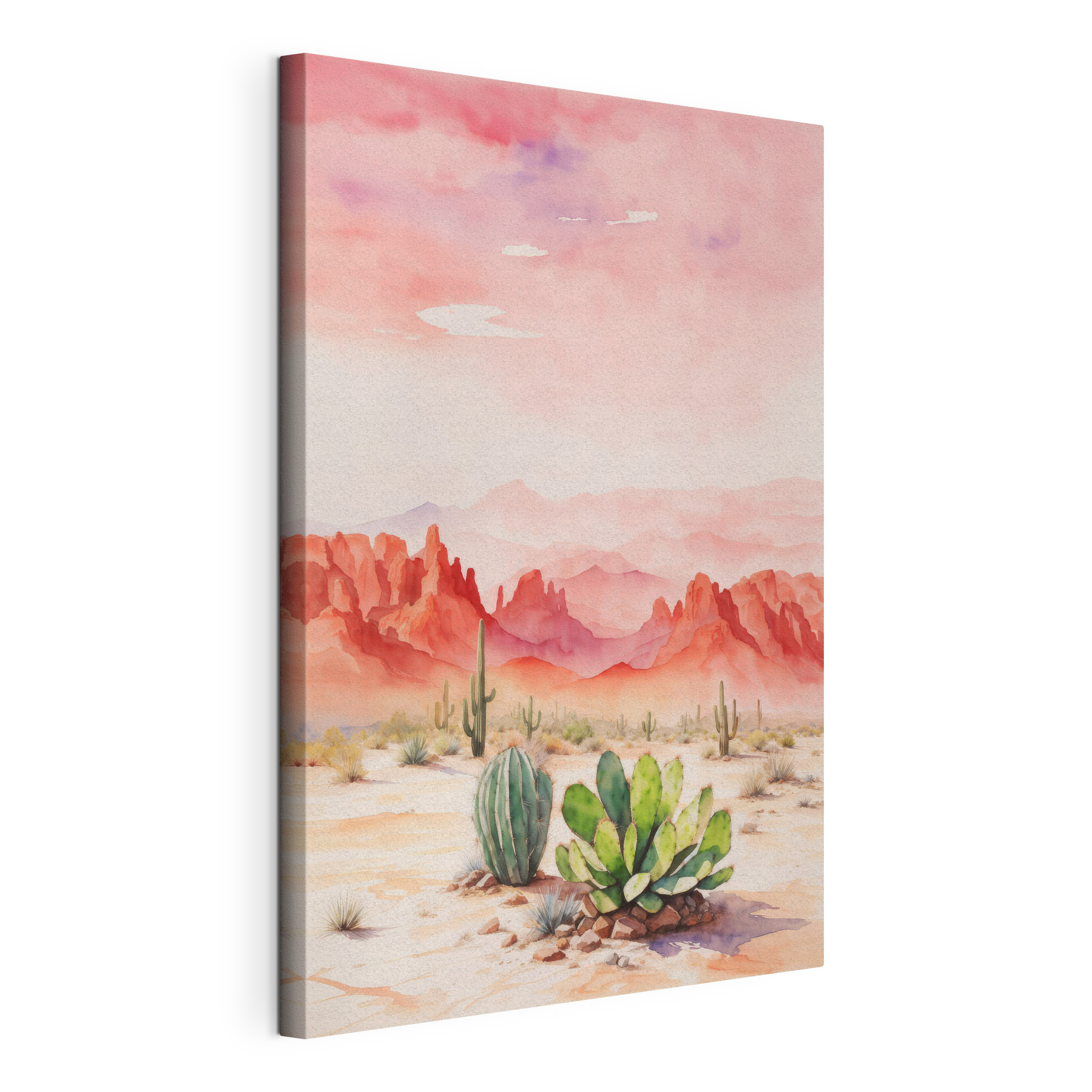 Watercolor painting of a desert landscape with cactuses and mountains Watercolor painting of a desert landscape with cactuses and mountains