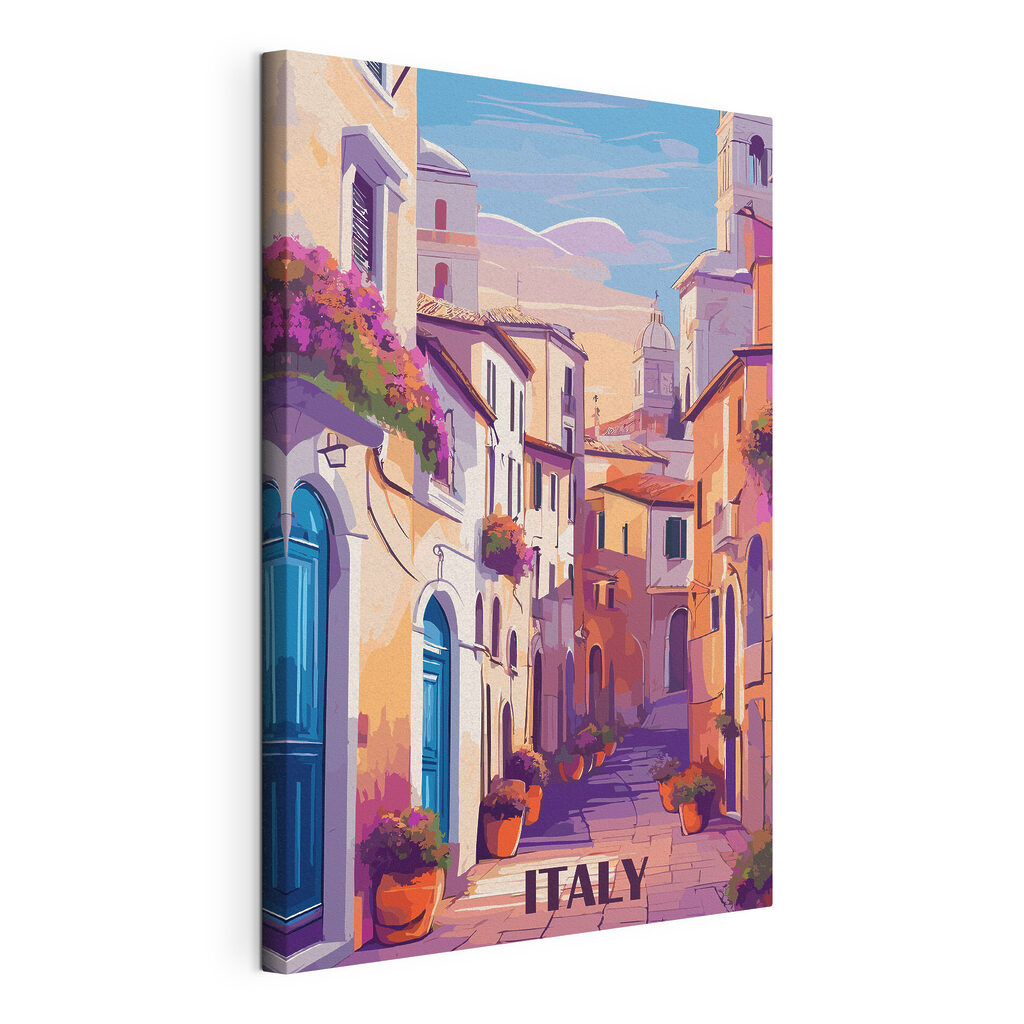 Painting of a street with buildings and flowers Painting of a street with buildings and flowers