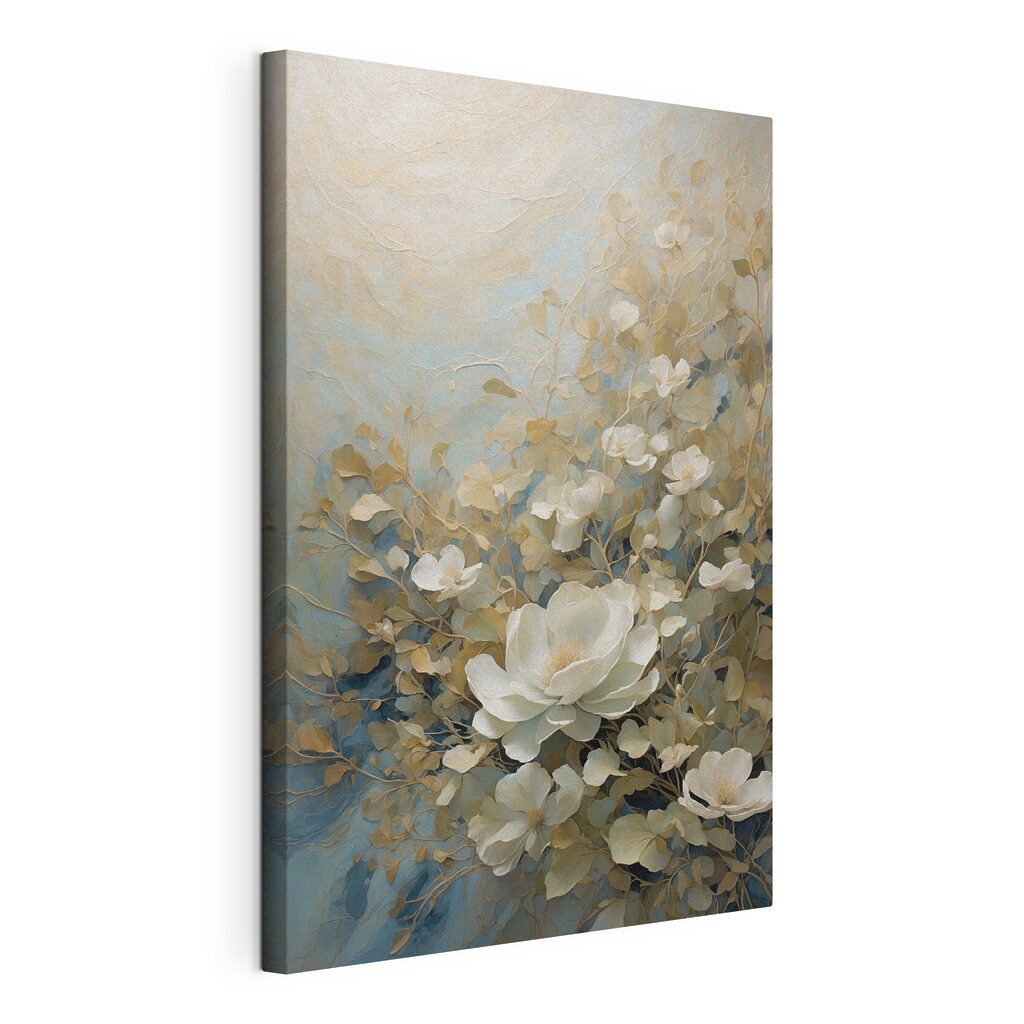 A painting of white flowers and leaves A painting of white flowers and leaves