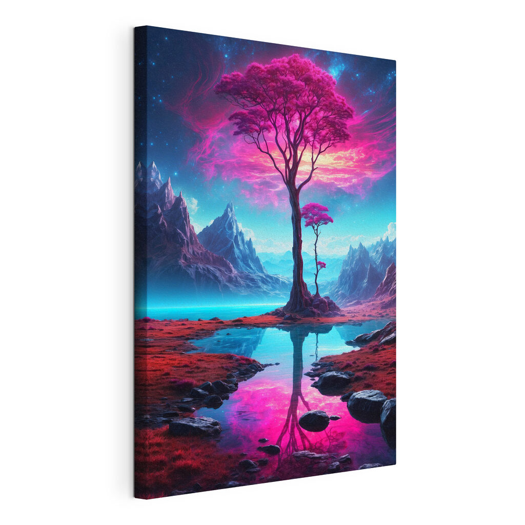 A landscape with a tree and mountains