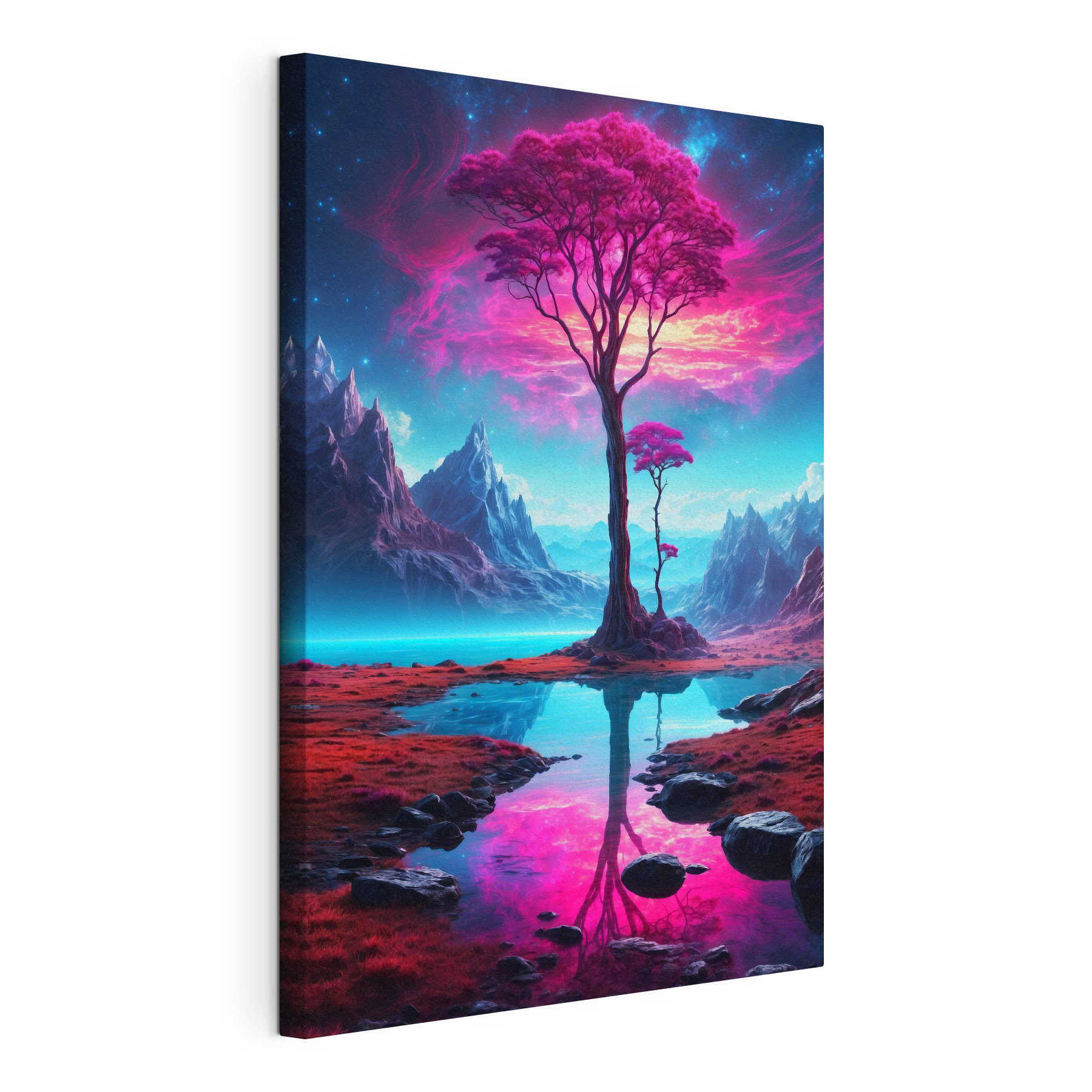 A landscape with a tree and mountains
