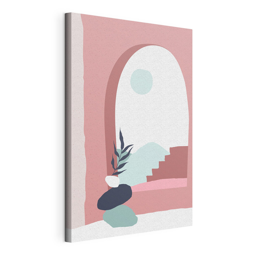 Pink and blue illustration of a window with a plant in a vase Pink and blue illustration of a window with a plant in a vase