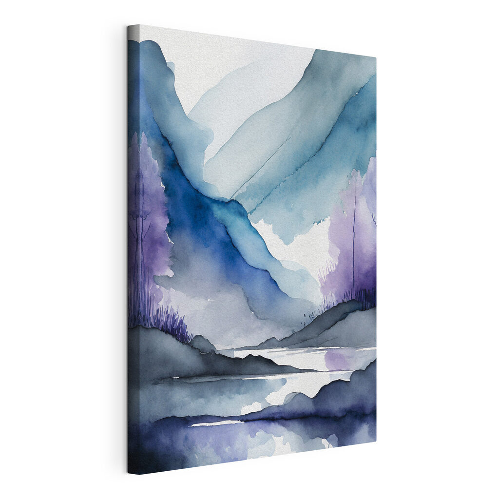 Watercolor painting of mountains and trees and a river Watercolor painting of mountains and trees and a river