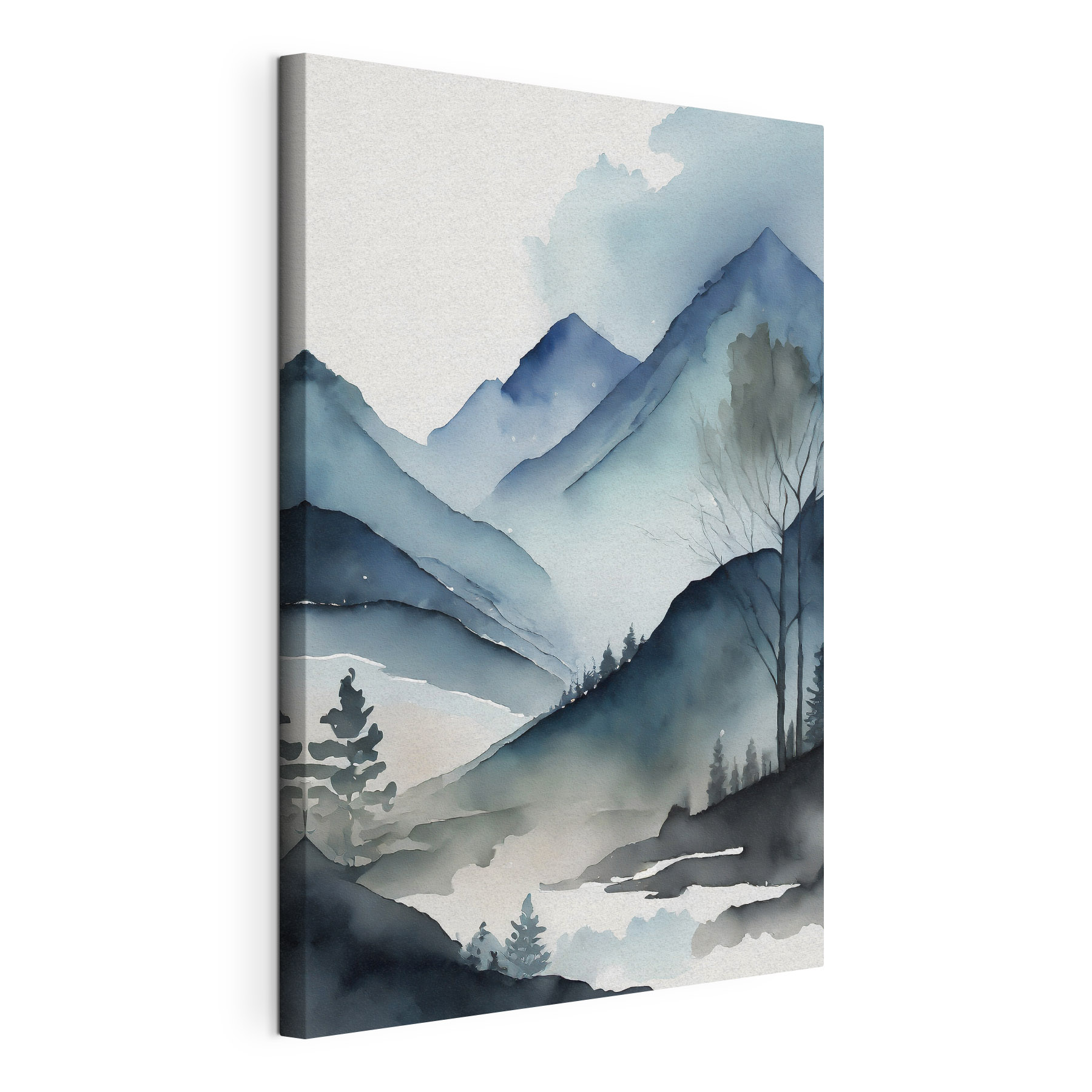 Watercolor of a mountain range with trees and fog Watercolor of a mountain range with trees and fog