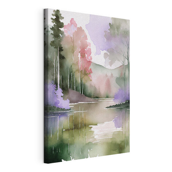 Acquerello raffigurante un fiume con alberi e montagne sullo sfondo Quadri Acquerello raffigurante un fiume con alberi e montagne sullo sfondo
